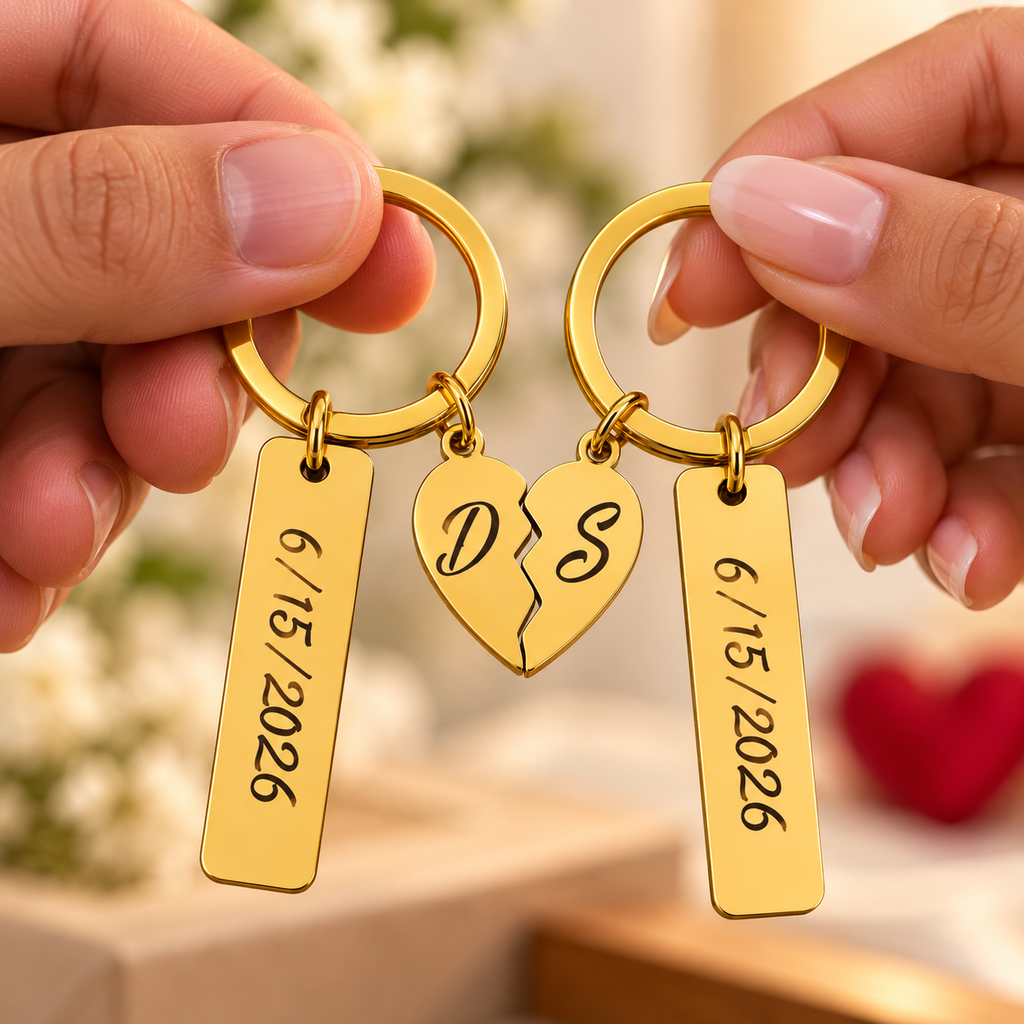 Personalized Matching Heart Keychain Set / Llaveros Personalizados de Corazón