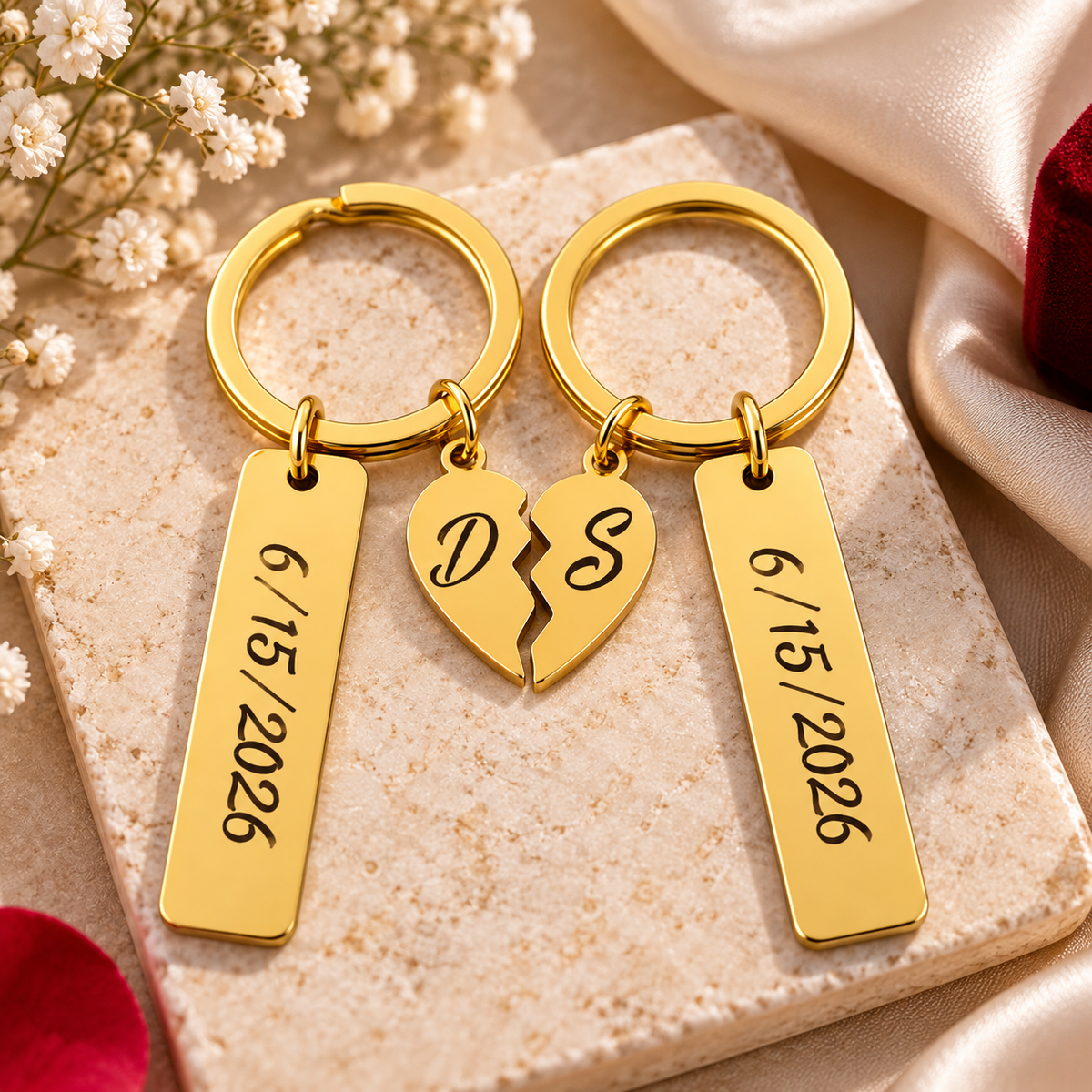 Personalized Matching Heart Keychain Set / Llaveros Personalizados de Corazón